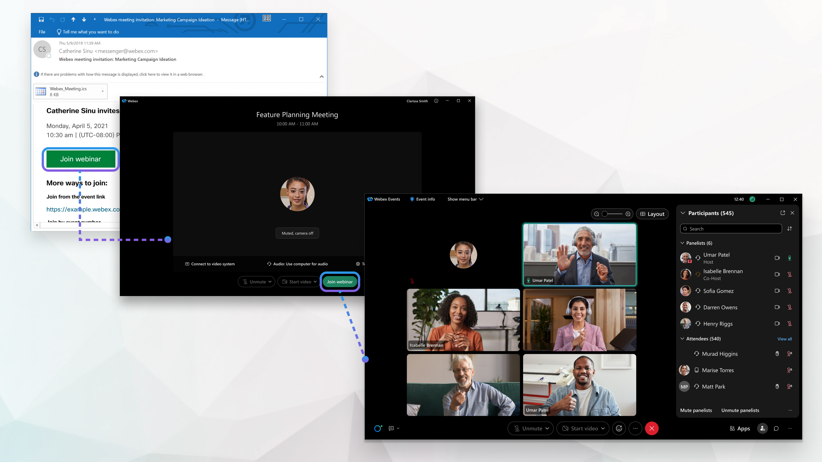 O botão Entrar no webinar no convite do calendário e também no aplicativo Webex
